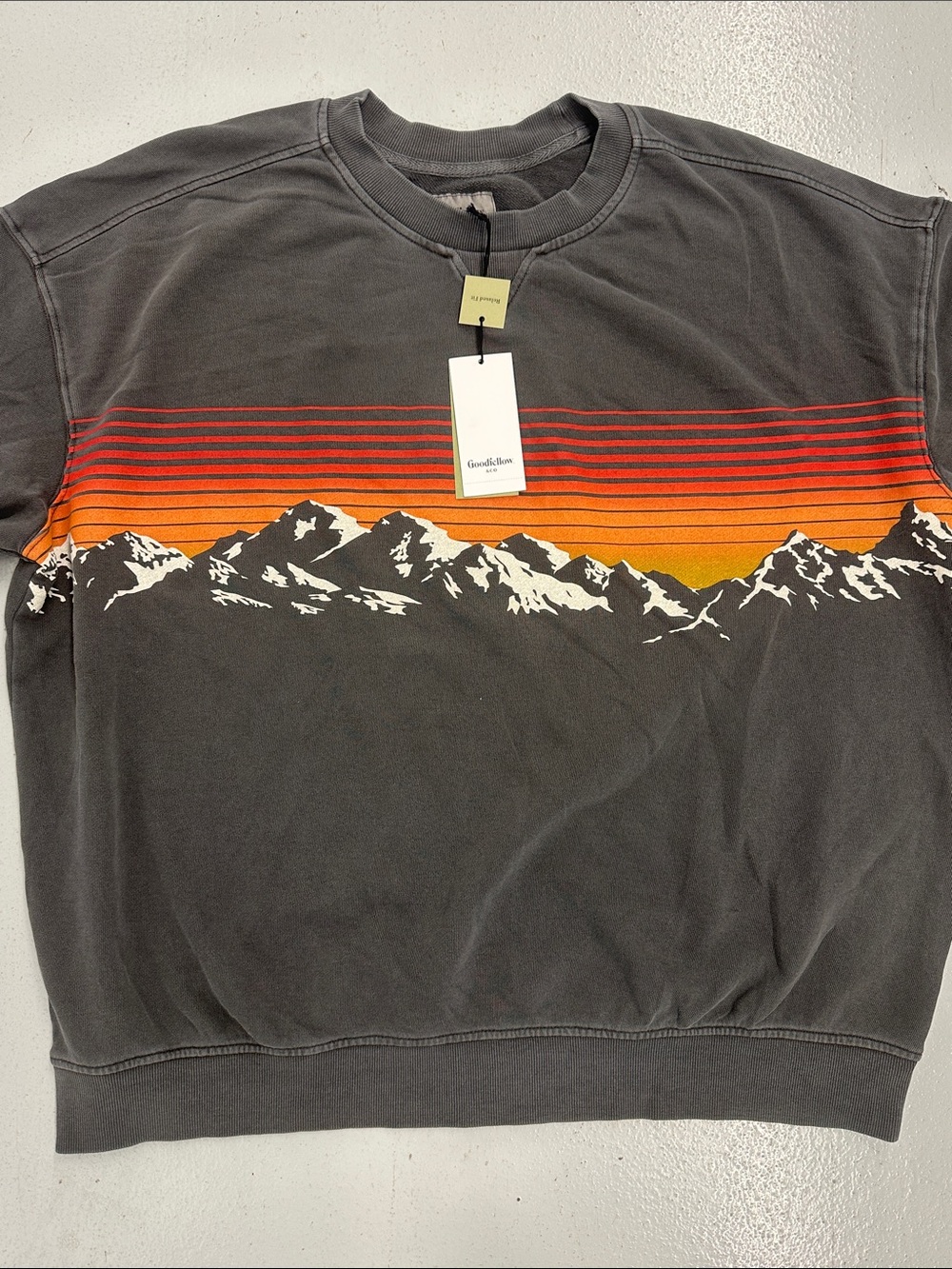 Goodfellow & Co Gray Crewneck Sweater with Red-Orange Sunset Stripes NWT